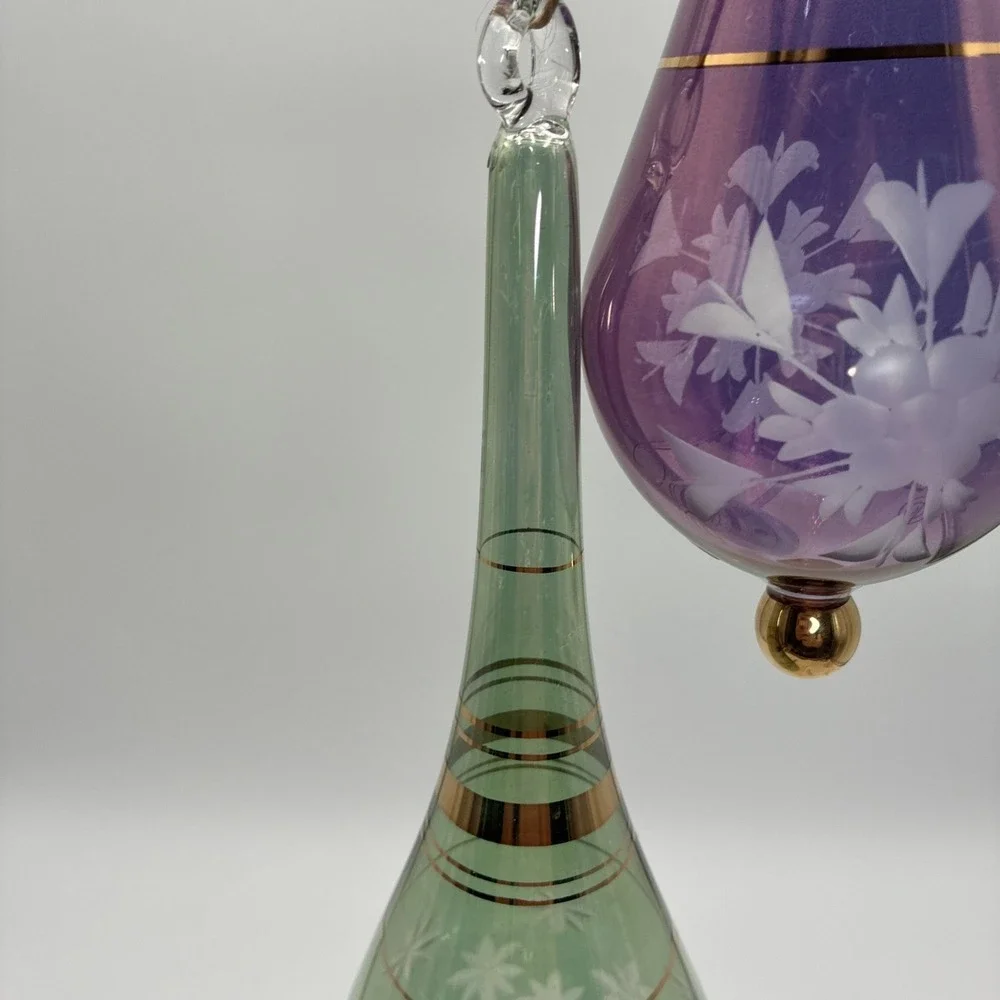Vintage Egyptian Hand Blown Glass Ornaments Etched Floral Gold Trim Set of 2